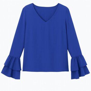 LYANER Blue V Neck Ruffle Sleeve Stretch Blouse Long Sleeve Large